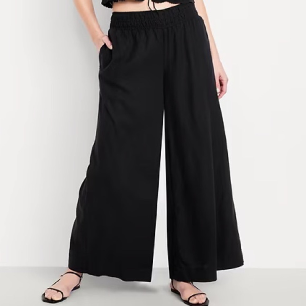 Old Navy Black Linen Blend Super Wide Leg Mid Rise Palazzo Pants Sz XS Stretchy - Picture 3 of 10
